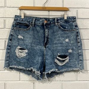 YMI Super High Rise Distressed Cut Off Mom Shorts